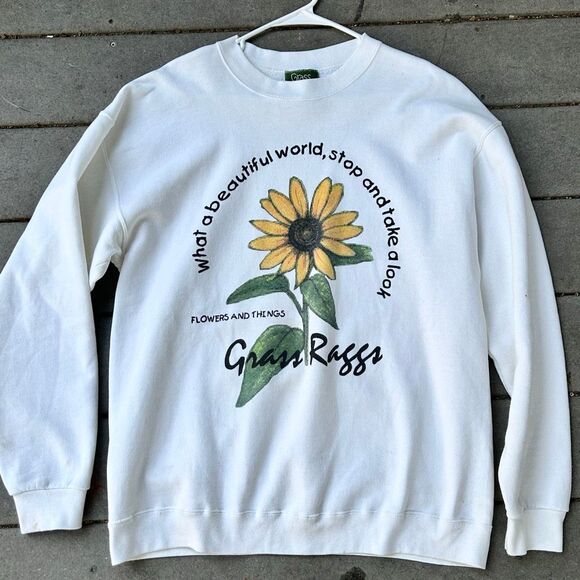 Rare Retro Graphic Hippie Chic Sweatshirt 90s Grass Raggs Sunflower Pullover - Picture 1 of 6